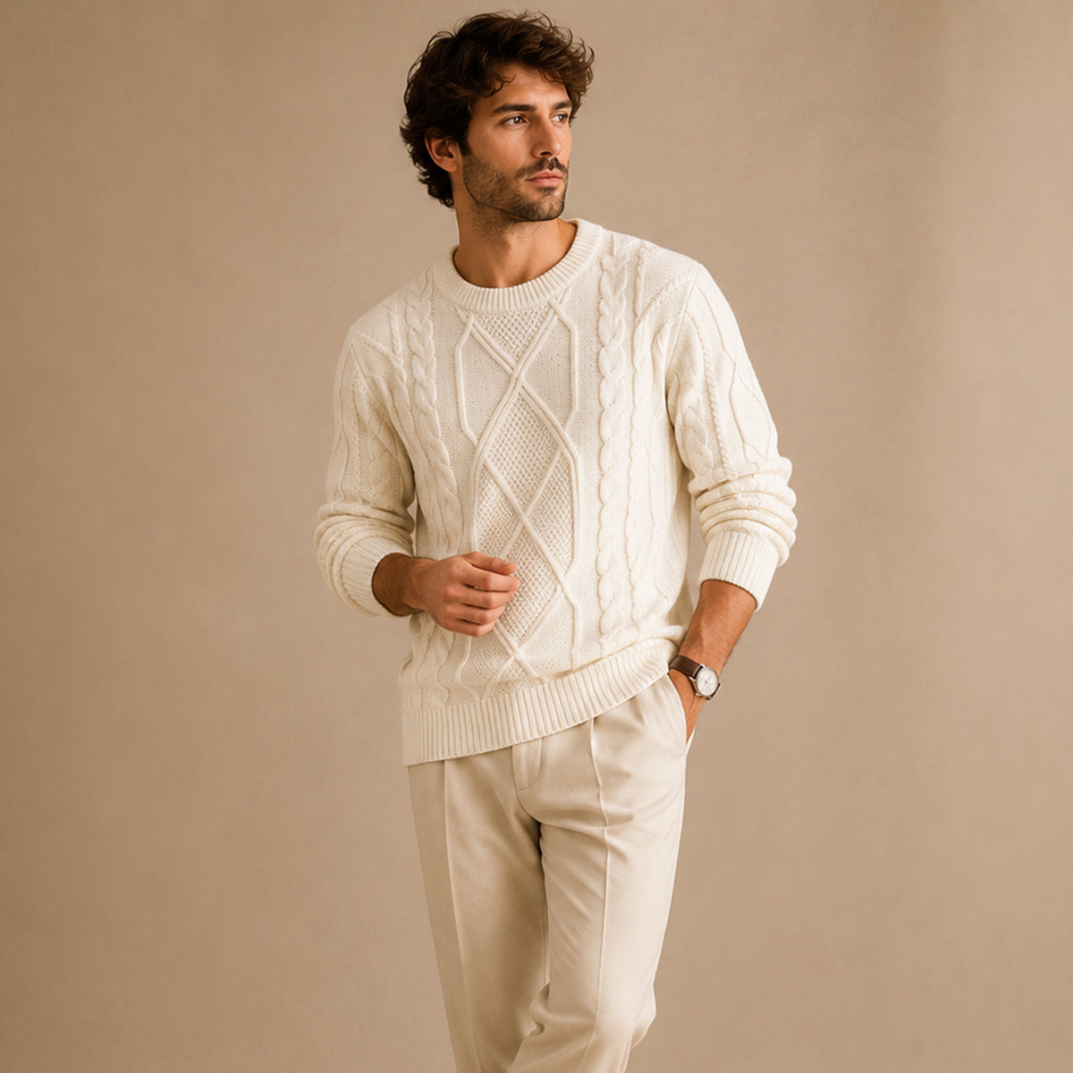 Cream chunky cable-knit men's winter sweater, crew neck with ribbed cuffs