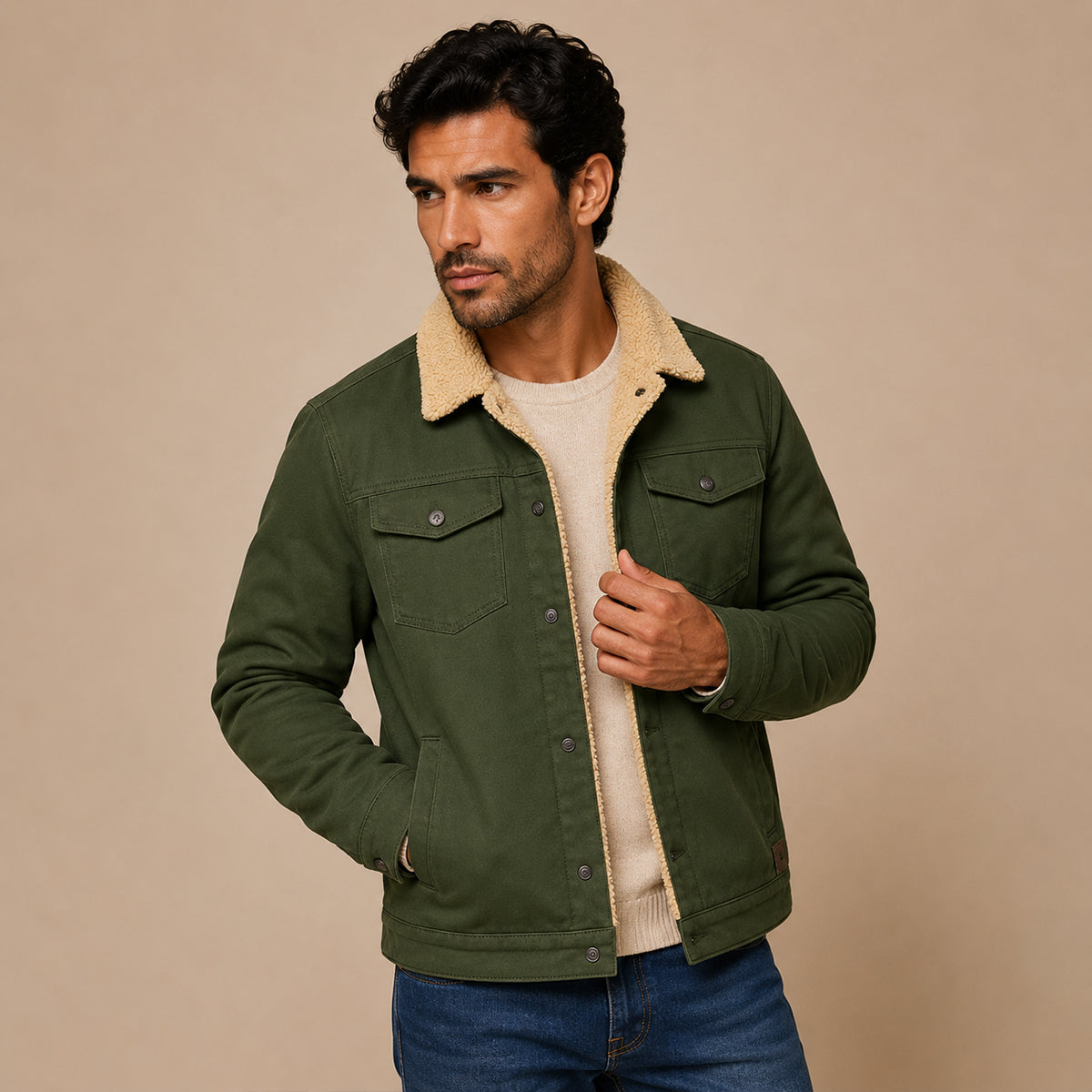 Men’s green fleece-lined outdoor jacket worn open over a crew neck tee and jeans