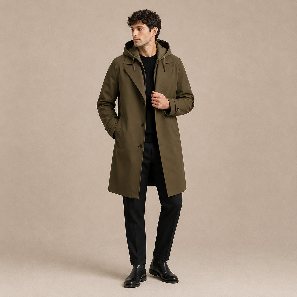Men's army green hooded long parka worn with dark trousers and boots