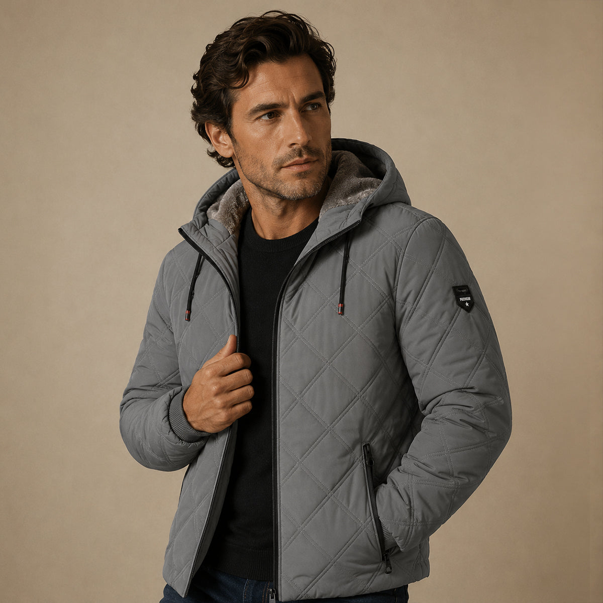 Men's gray quilted puffer jacket with fleece lining, zip front, and hood