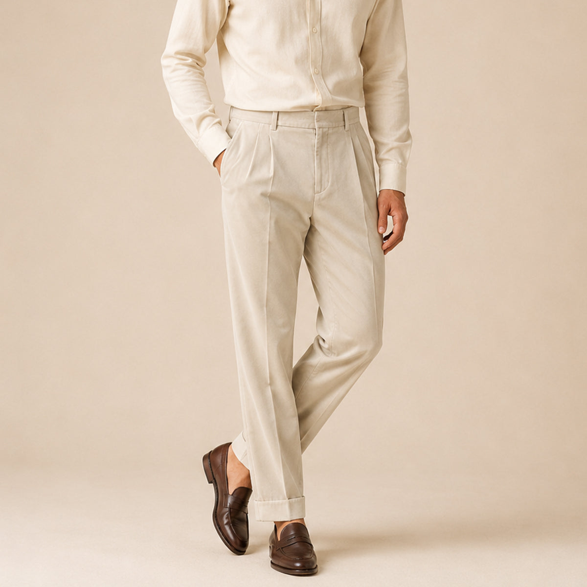 Men's cream velvet straight-fit pants on model with belt loops and ankle-length hem