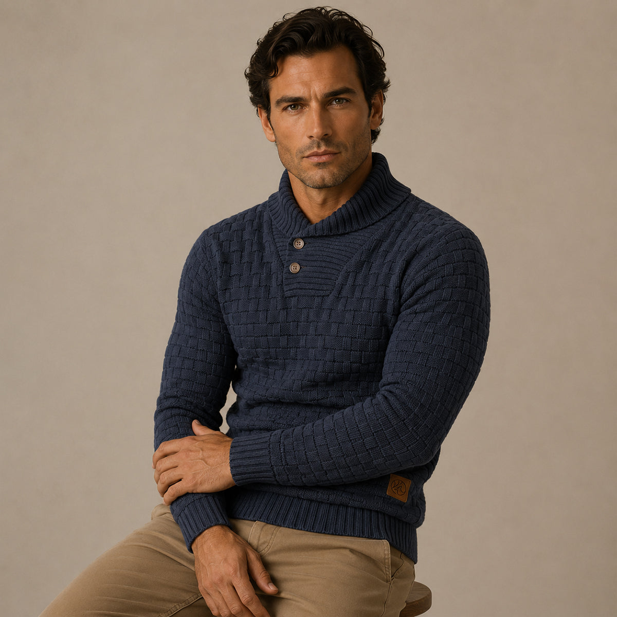 Men’s navy textured knit sweater, mock neck with 2-button placket and ribbed cuffs