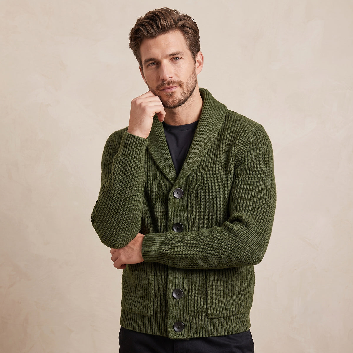 Men's army green wool shawl-collar knit cardigan with front pockets and buttons