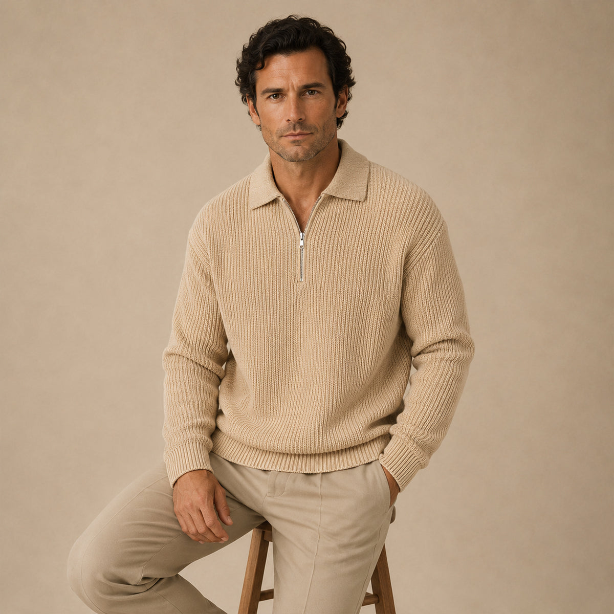 Men’s beige half-zip ribbed knit sweater with zip-front and long sleeves.