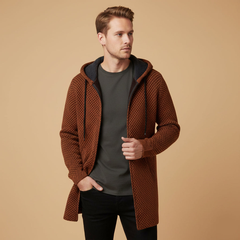 Men's longline hooded knit cardigan in rust and black check, open front with drawcord hood