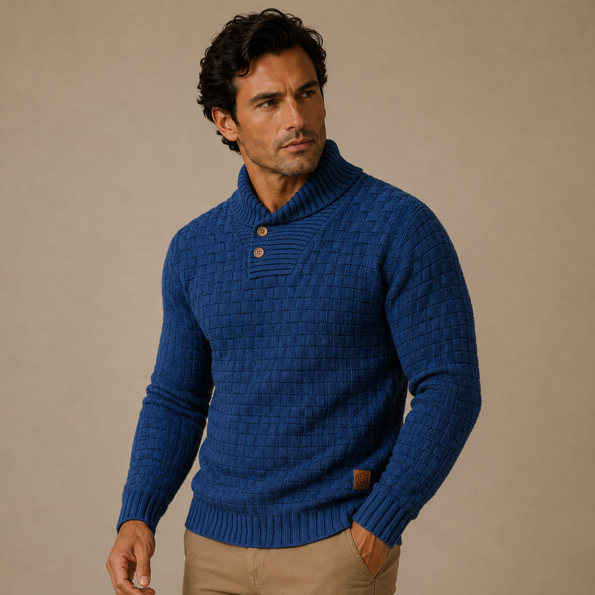 Men’s navy textured knit sweater with mock neck and ribbed hem, henley placket