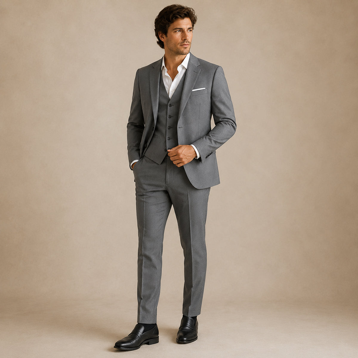 Men's dark gray 3-piece suit set on model: blazer, vest, and matching trousers