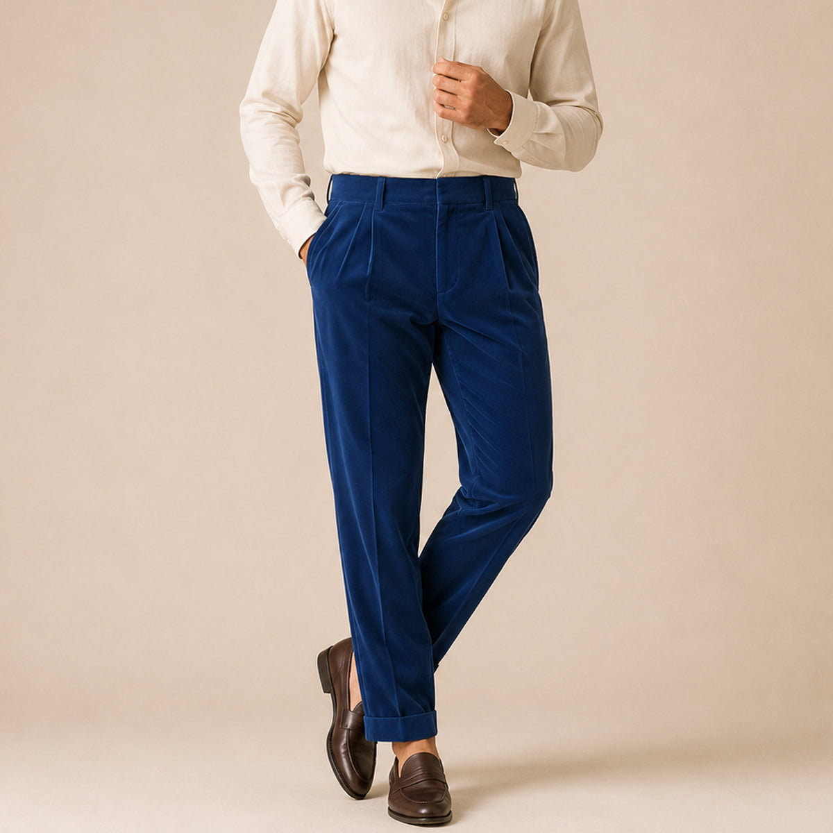 Men's blue velvet straight-fit pants with belt loops and straight-leg fit