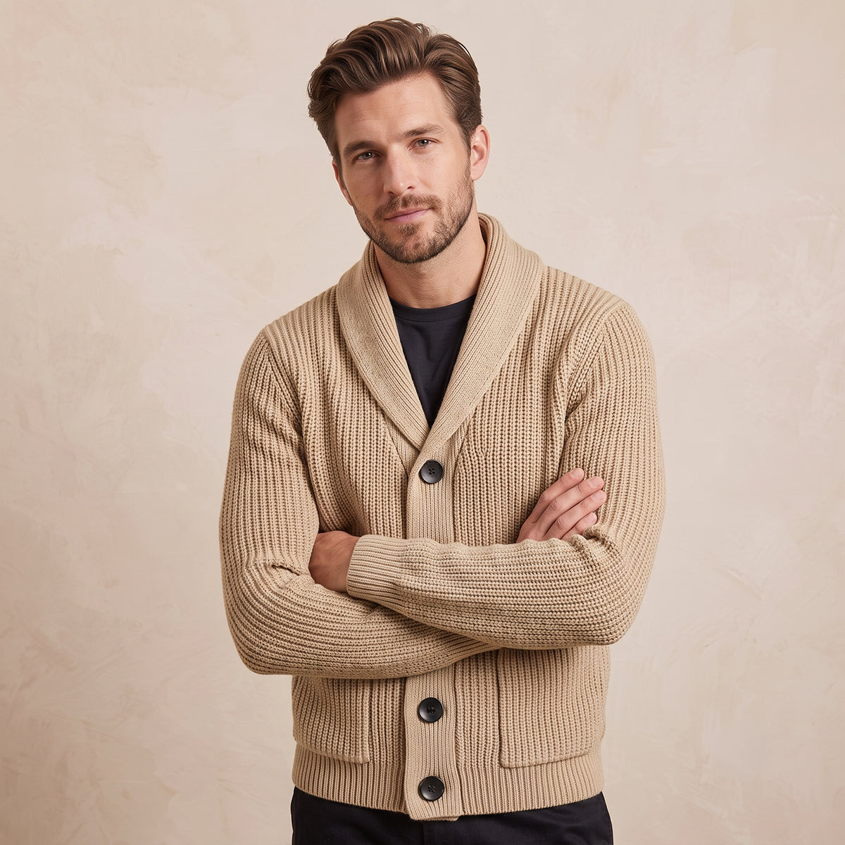 Men's wool shawl-collar knit button cardigan in khaki, featuring front pockets