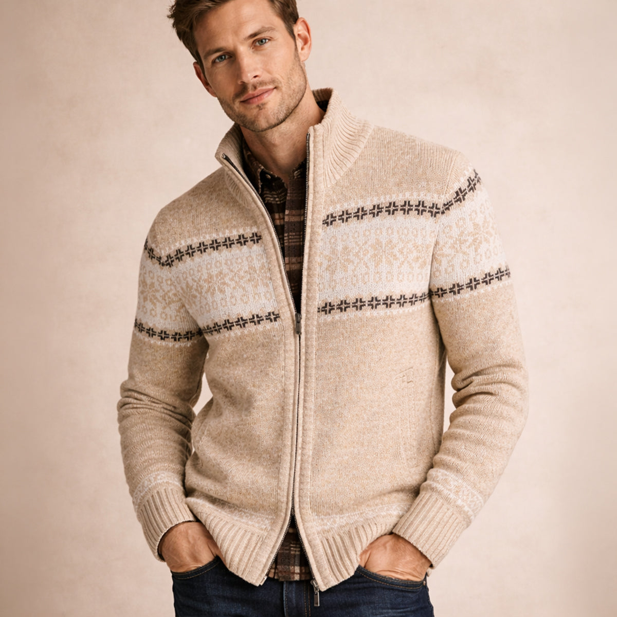 Beige knitted zip-up cardigan with patterned stripe yoke and ribbed hem and cuffs