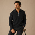 Men’s black half-zip ribbed knit sweater with stand collar and zip front.