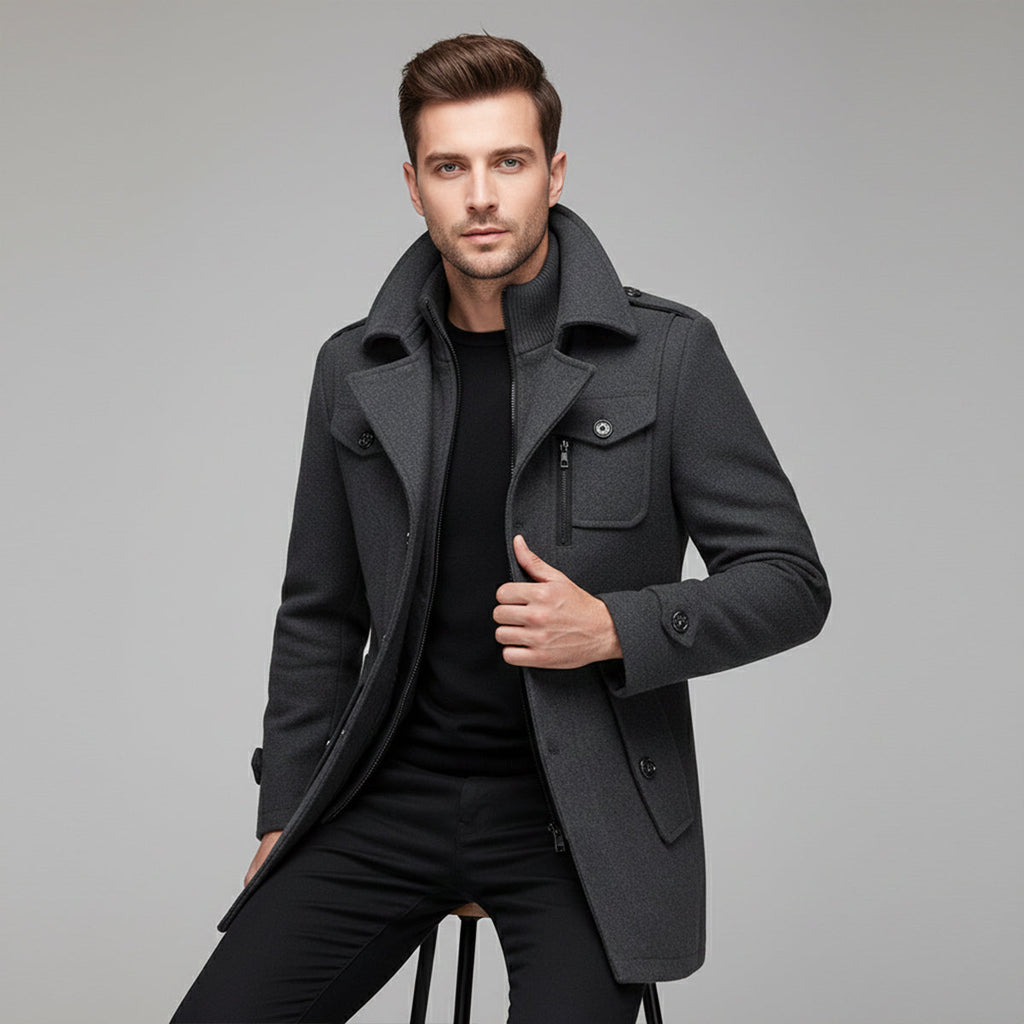 Men's wool-blend coat in charcoal gray, structured collar, flap pocket, button cuffs, zip front