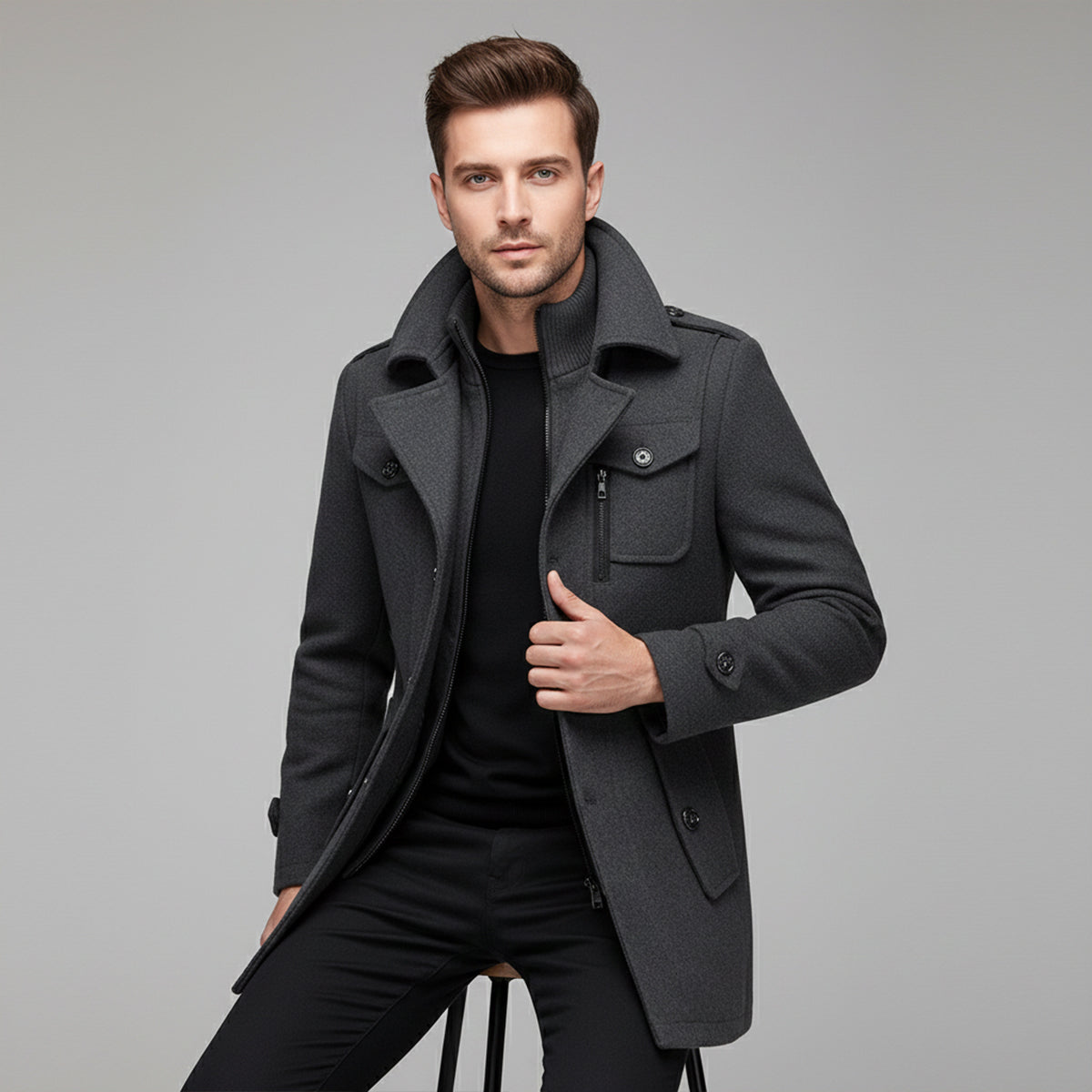 Men's wool-blend coat in charcoal gray, structured collar, flap pocket, button cuffs, zip front