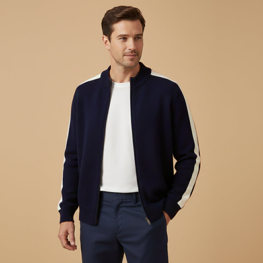 Men's cashmere zip-front sweater in navy with full-zip front and ribbed collar
