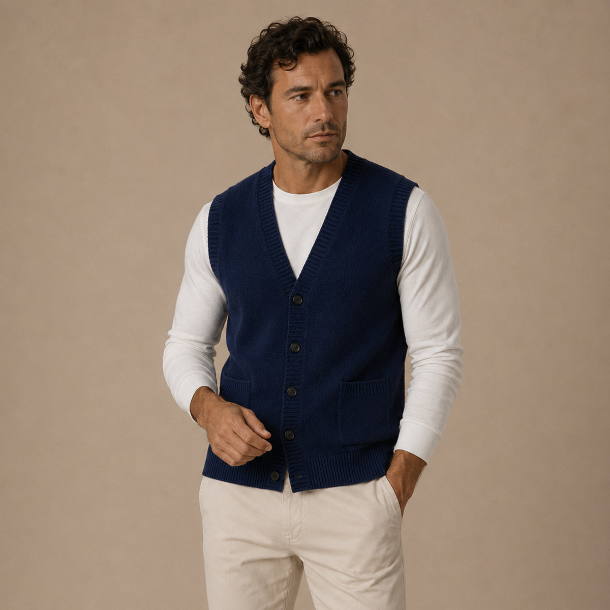 Men's navy knit V-neck button vest with two front pockets