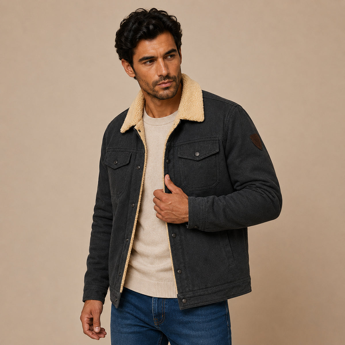 Men’s dark jacket with sherpa-lined collar button front worn with jeans