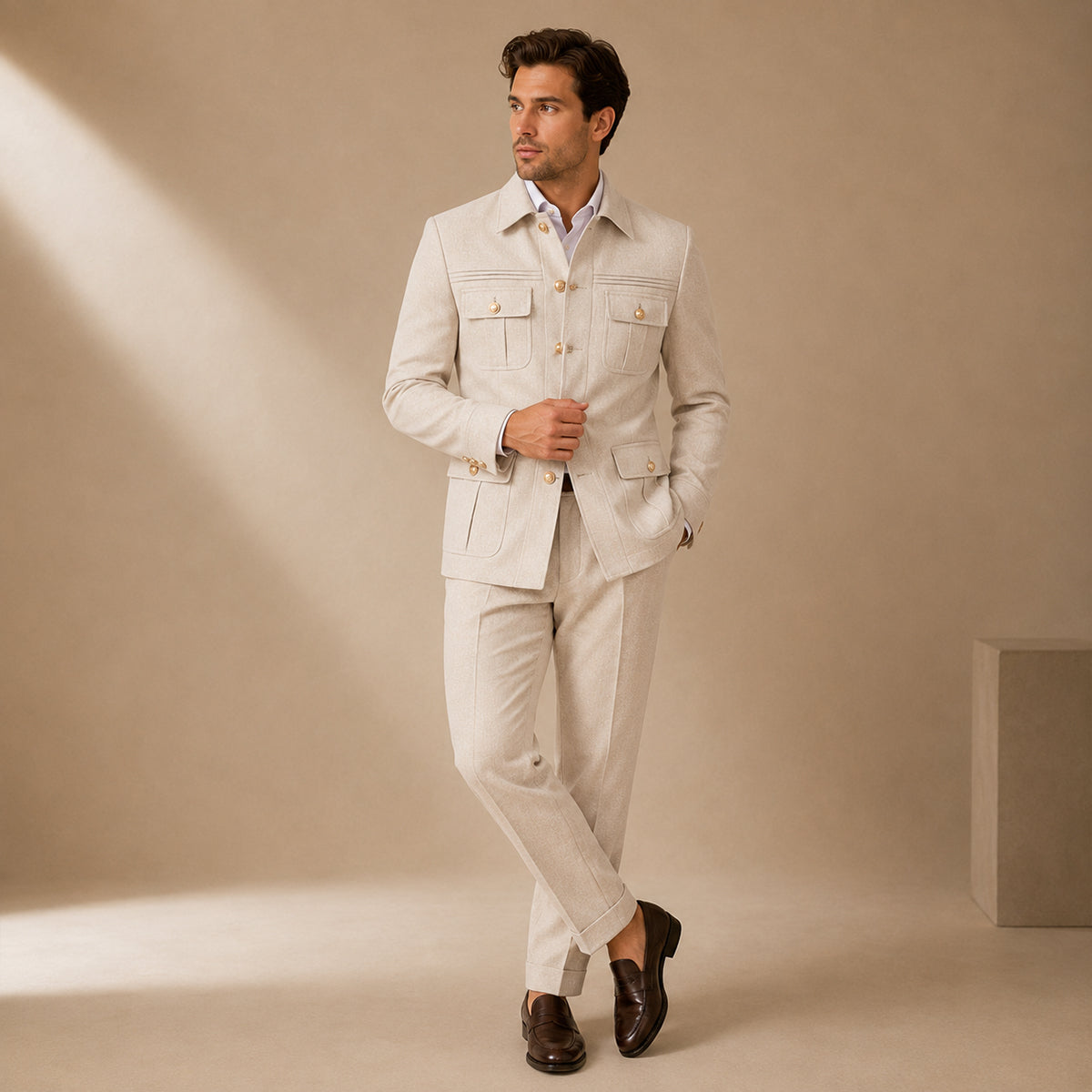 Men's beige multi-pocket business suit set worn with matching trousers and button details