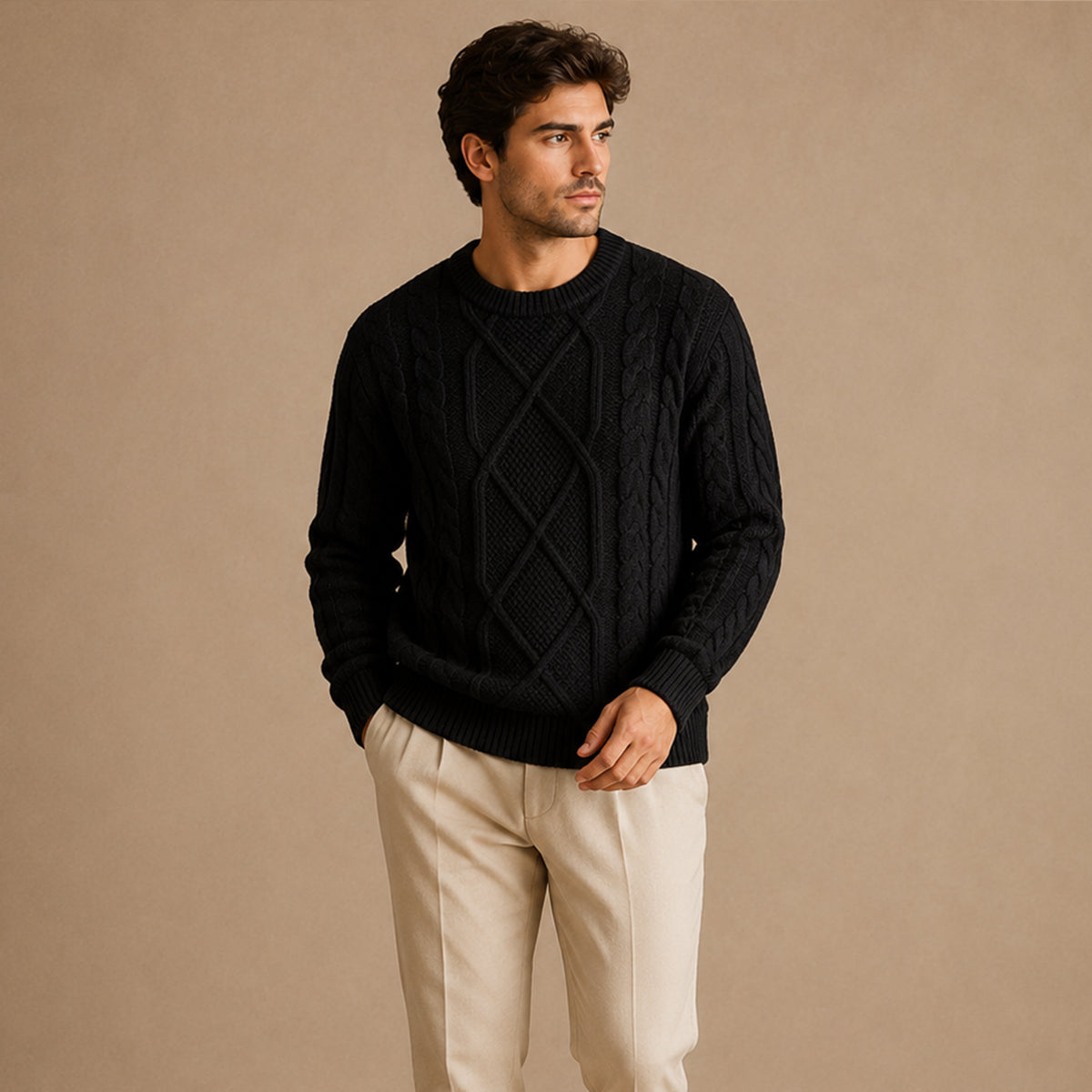 Men's black chunky cable knit sweater with ribbed crew neck and textured diamond design