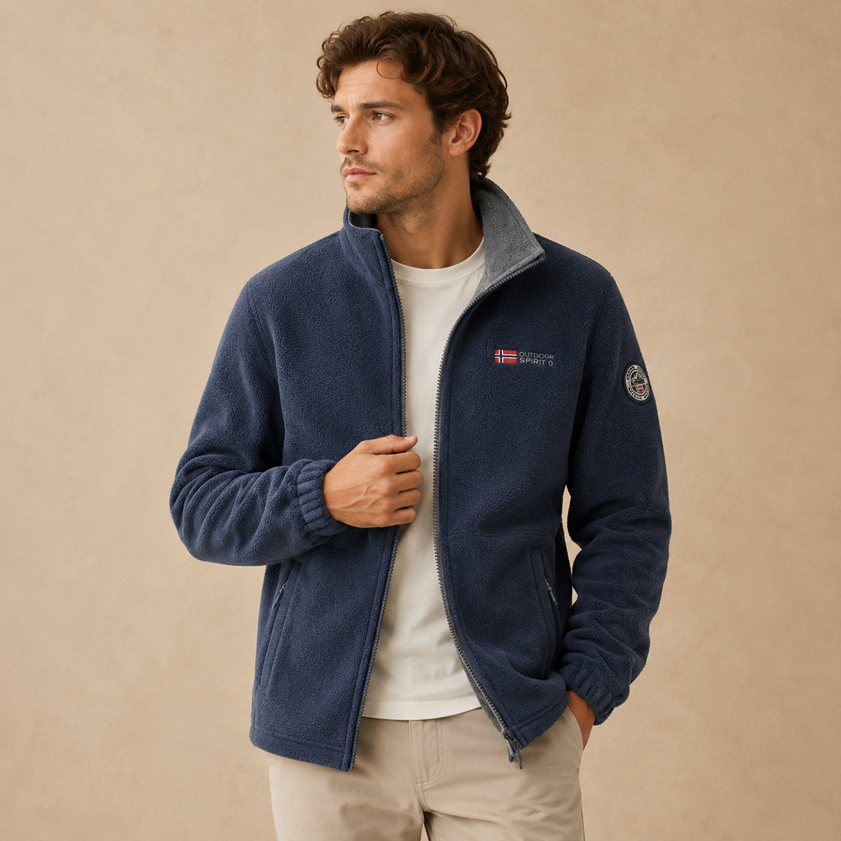 Men's blue fleece-lined outdoor jacket worn open over a shirt