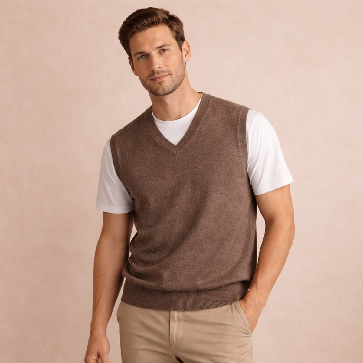 Men's medium brown V-neck sleeveless knit sweater vest worn over a white T-shirt