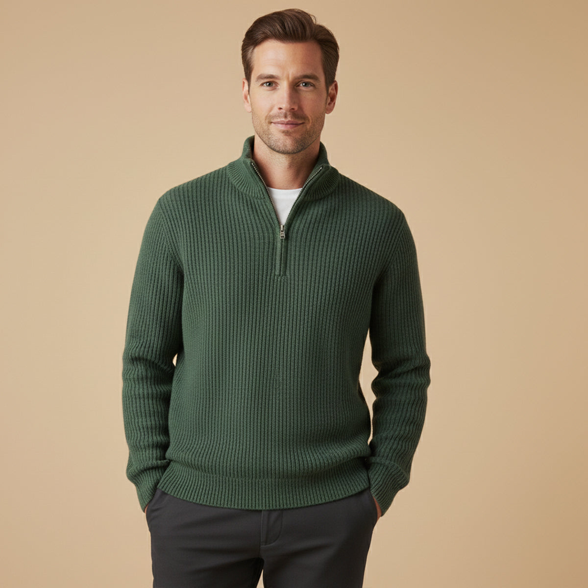 Men's green cashmere half-zip sweater, ribbed knit with stand collar