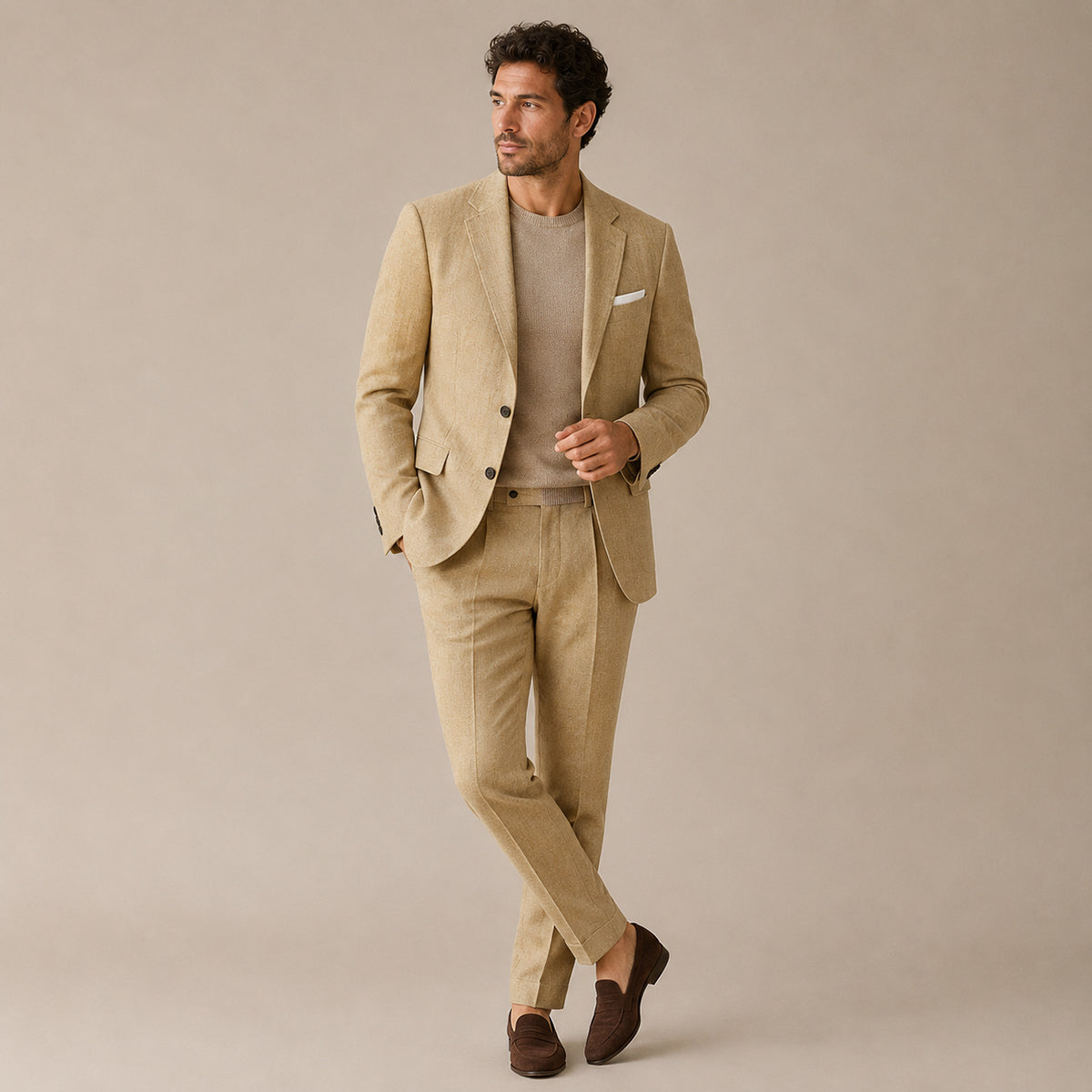 Beige slim fit business suit set on model, blazer and tapered trousers
