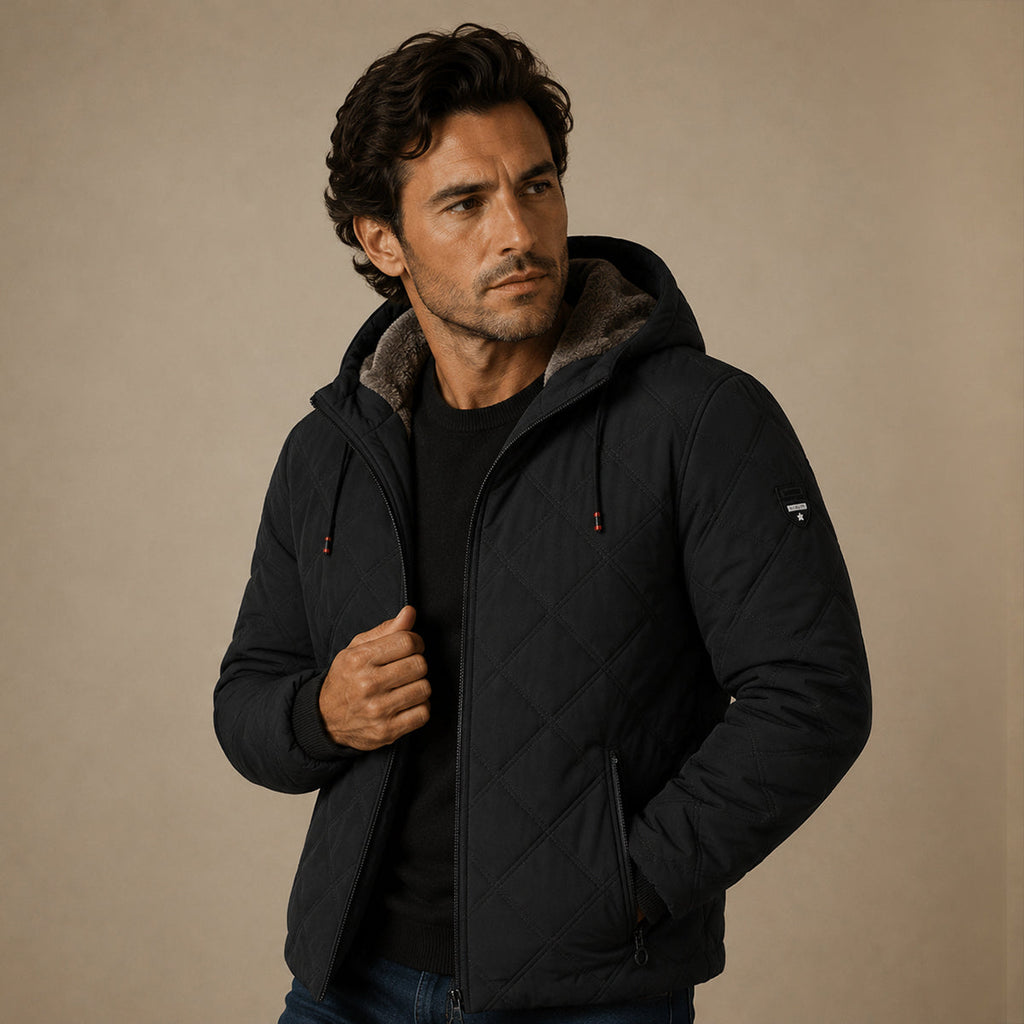 Men's black quilted puffer jacket with fleece lining, zip front, and hood