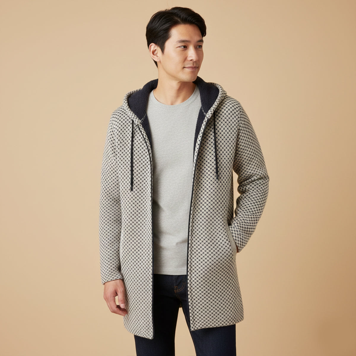 Men's longline hooded knit cardigan in beige and black check, open front with drawcord hood