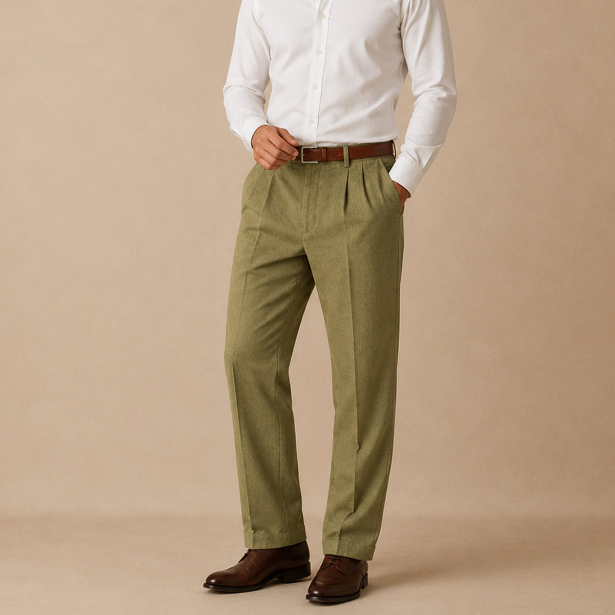 Men's pleated straight casual pants, olive green with leather belt