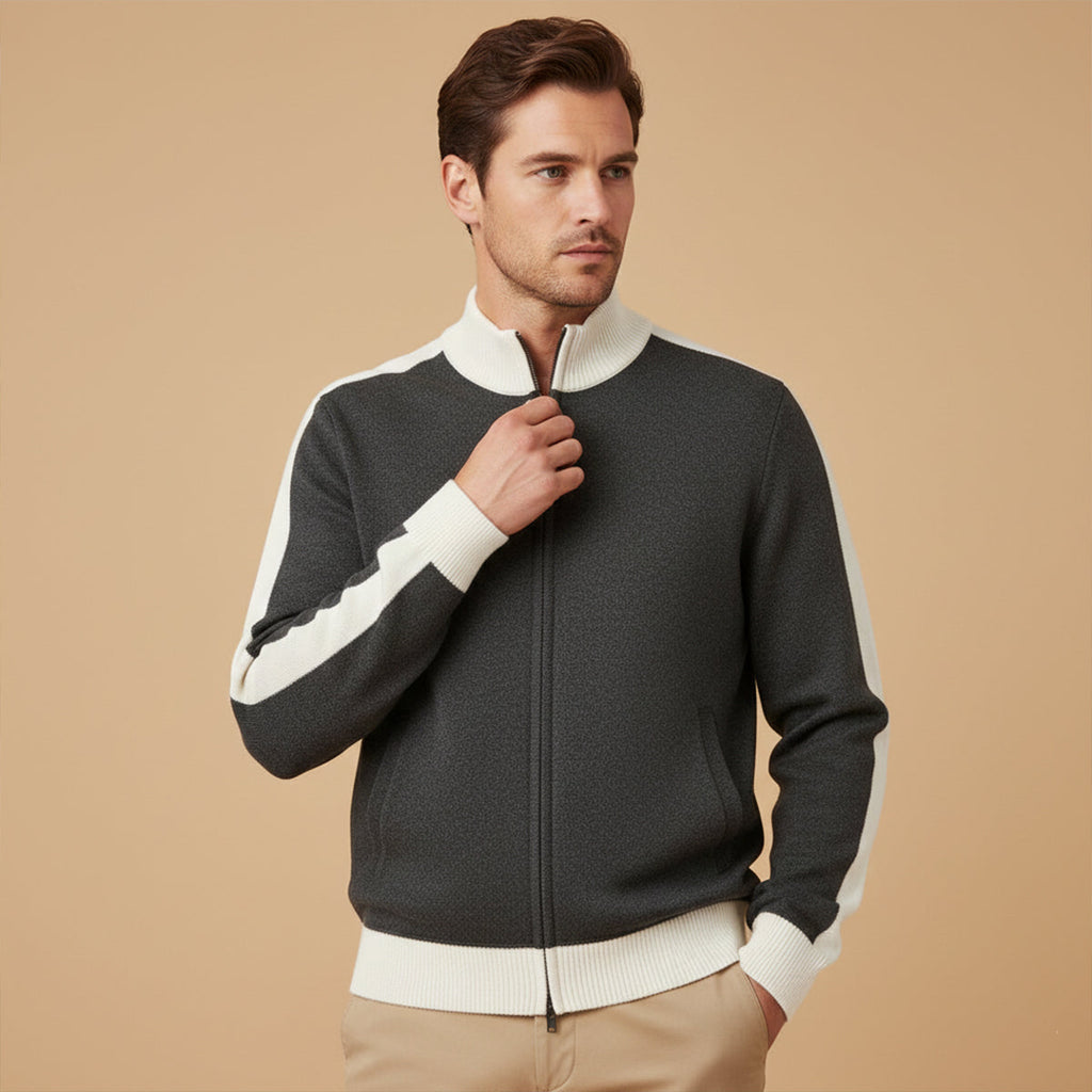 Men's cashmere zip-front sweater in dark gray with white ribbed collar and cuffs