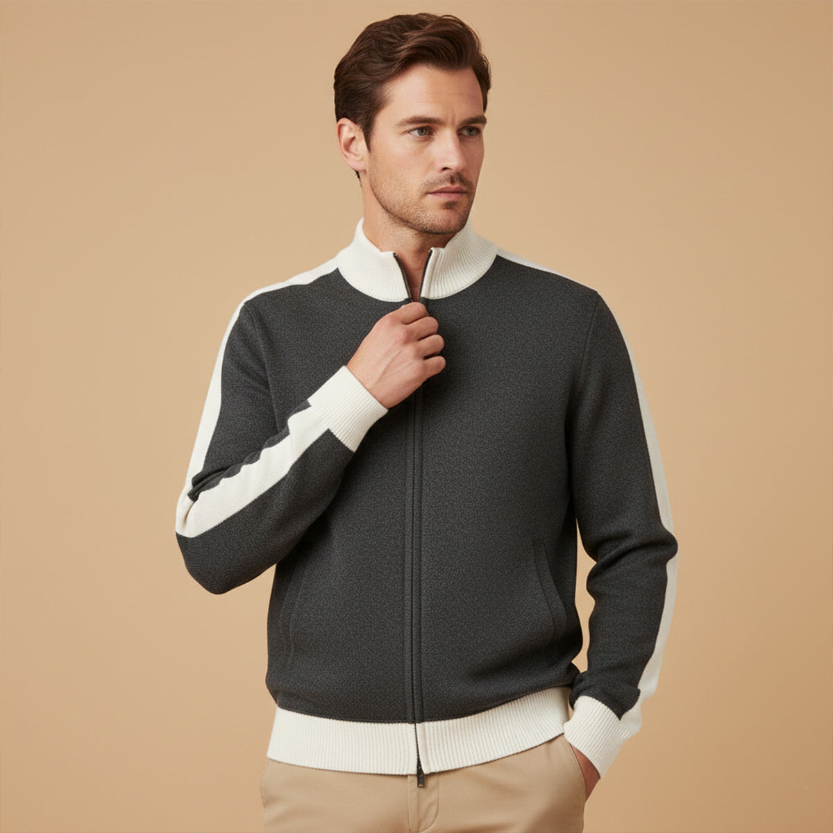 Men's cashmere zip-front sweater in dark gray with white ribbed collar and cuffs