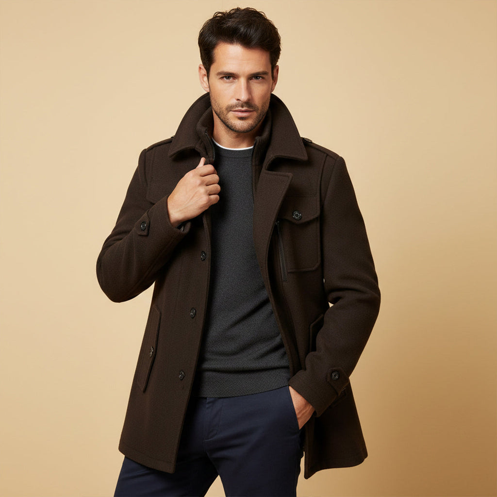 Men's wool-blend coat in medium brown, stand collar, flap pockets, button front, side hand pockets