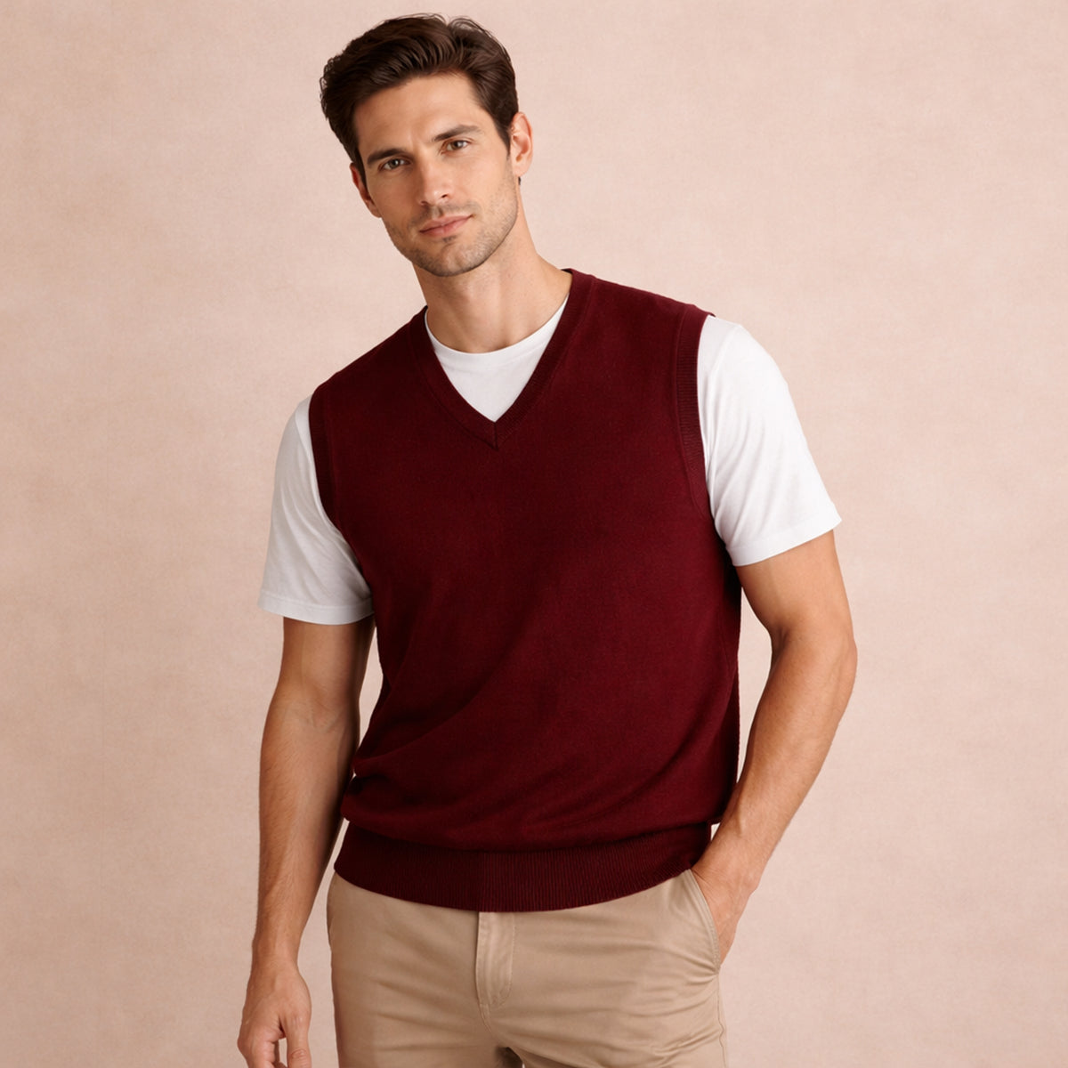 Men's dark red V-neck sleeveless knit sweater vest worn over a white T-shirt