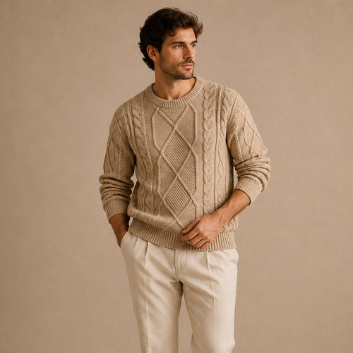 Men's beige cable knit winter sweater with ribbed hem, crew neck, and textured knit sleeves