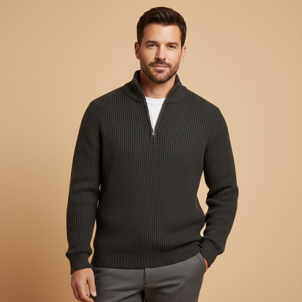 Men's charcoal cashmere half-zip sweater, ribbed knit with zip at neck