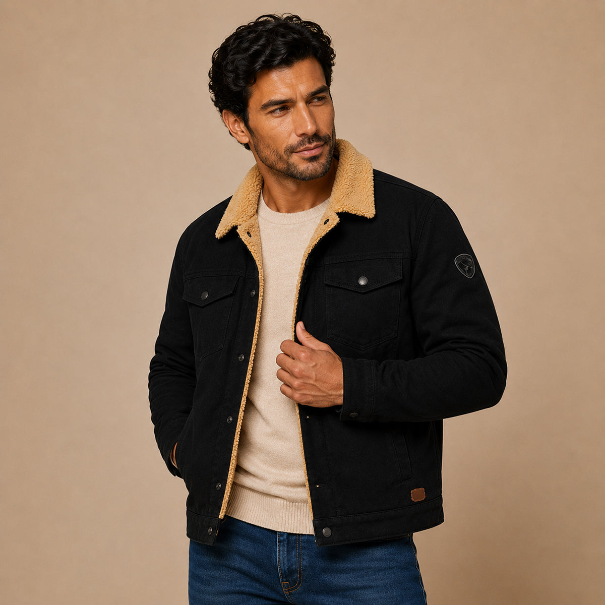 Men’s black fleece-lined outdoor jacket worn open over a crew neck tee and jeans