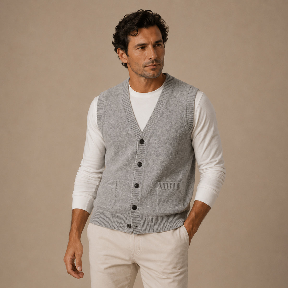 Men's light gray knit V-neck button-front vest with front pockets