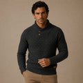 Men’s dark textured knit sweater with mock neck and ribbed cuffs, henley placket