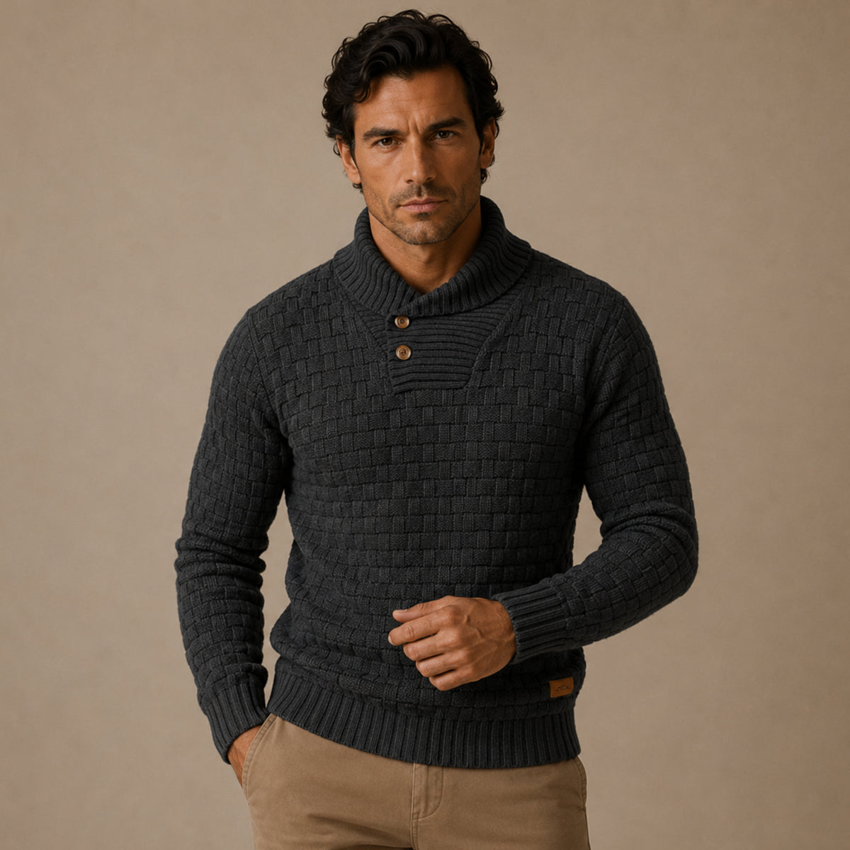 Men’s dark textured knit sweater with mock neck and ribbed cuffs, henley placket