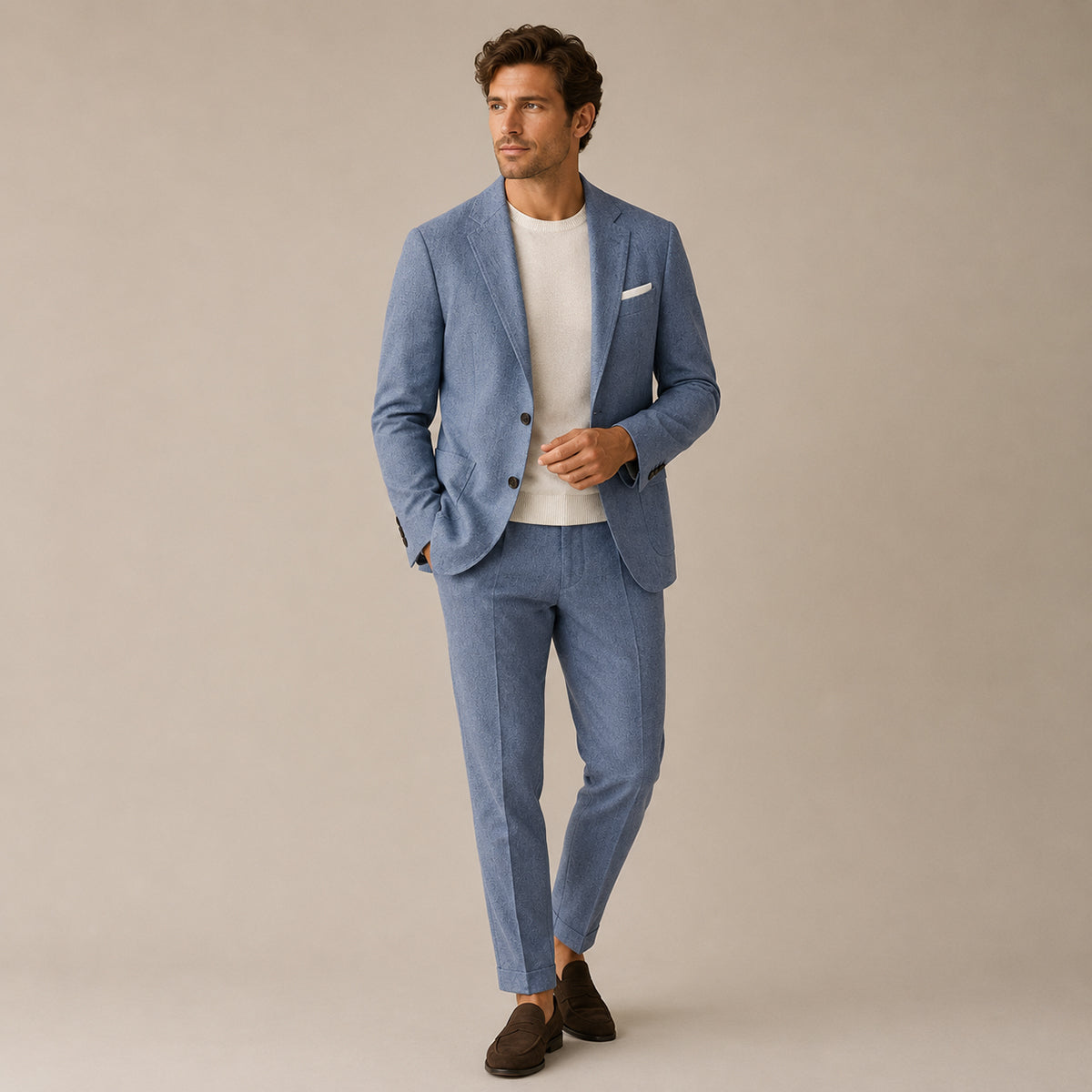 Men’s slim-fit two-piece business suit in light blue: blazer and matching trousers