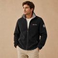 Men's black fleece-lined outdoor jacket, full-zip front and chest logo patch