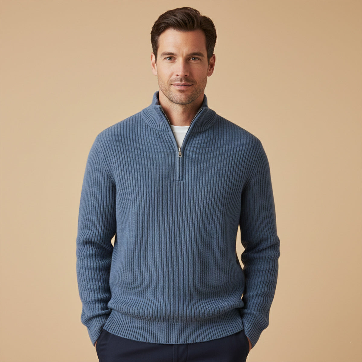 Men's cashmere half-zip sweater in navy blue, full-sleeve ribbed knit