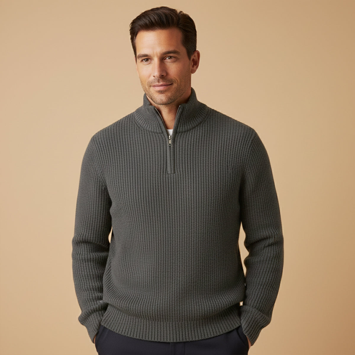 Men's cashmere half-zip sweater in charcoal, ribbed knit with zip neckline