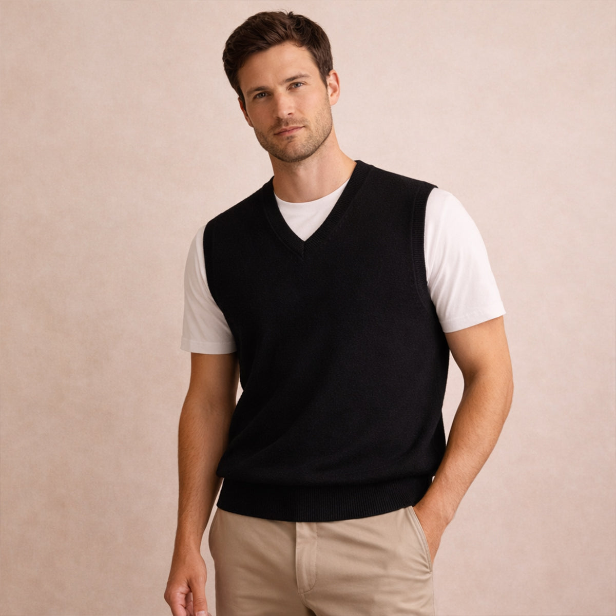 Men's V-neck sleeveless knit sweater vest, black, worn over a white T-shirt