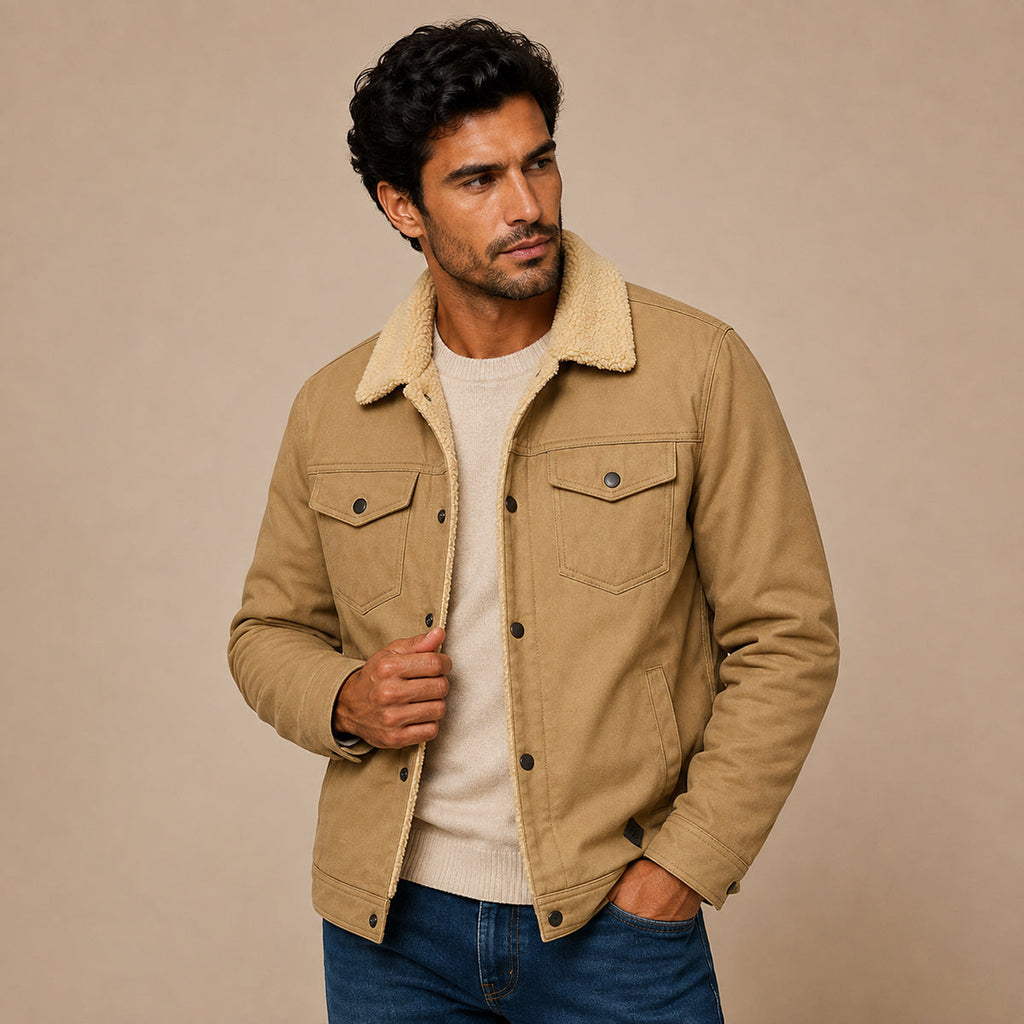 Men’s beige fleece-lined outdoor jacket worn open over a crew neck tee