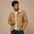 Men’s beige fleece-lined outdoor jacket worn open over a crew neck tee