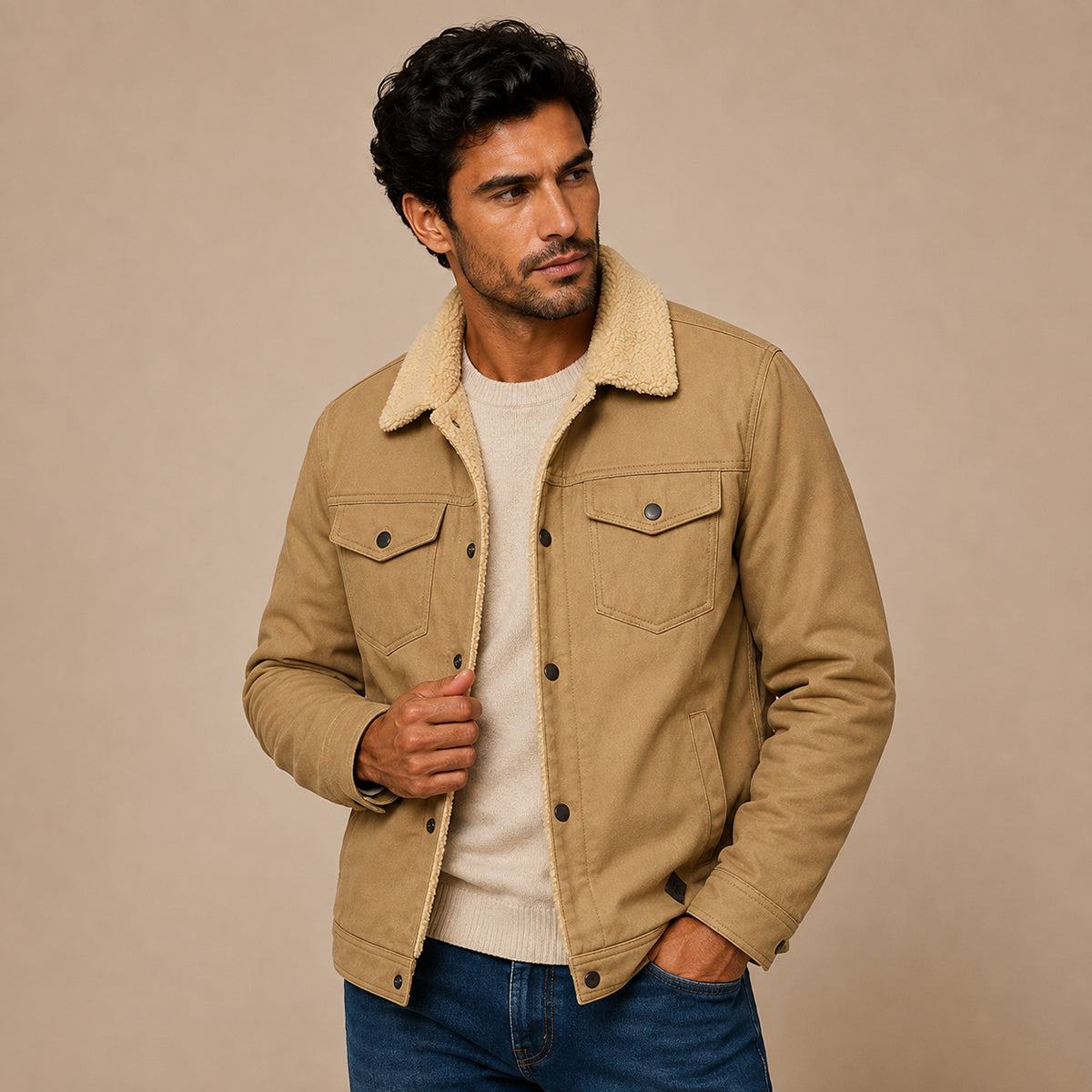 Men’s beige fleece-lined outdoor jacket worn open over a crew neck tee