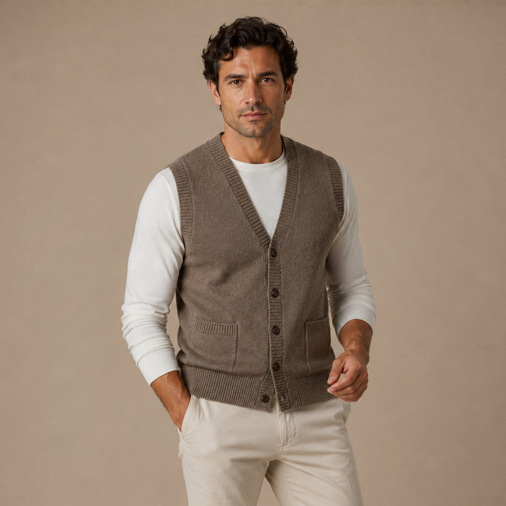 Brown V-neck button-front knit vest with patch pockets, worn over a long-sleeve shirt