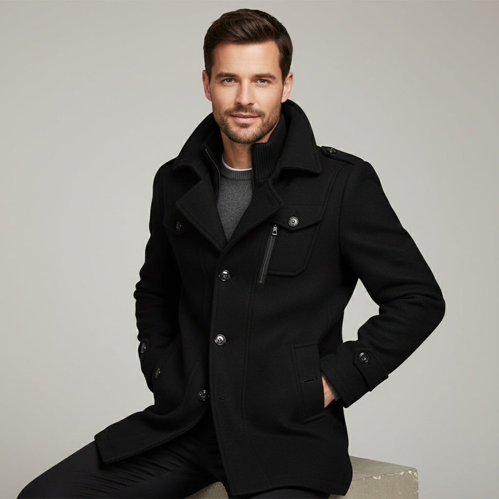 Men's wool-blend coat in black, structured collar, front zip with stand neck, flap pockets