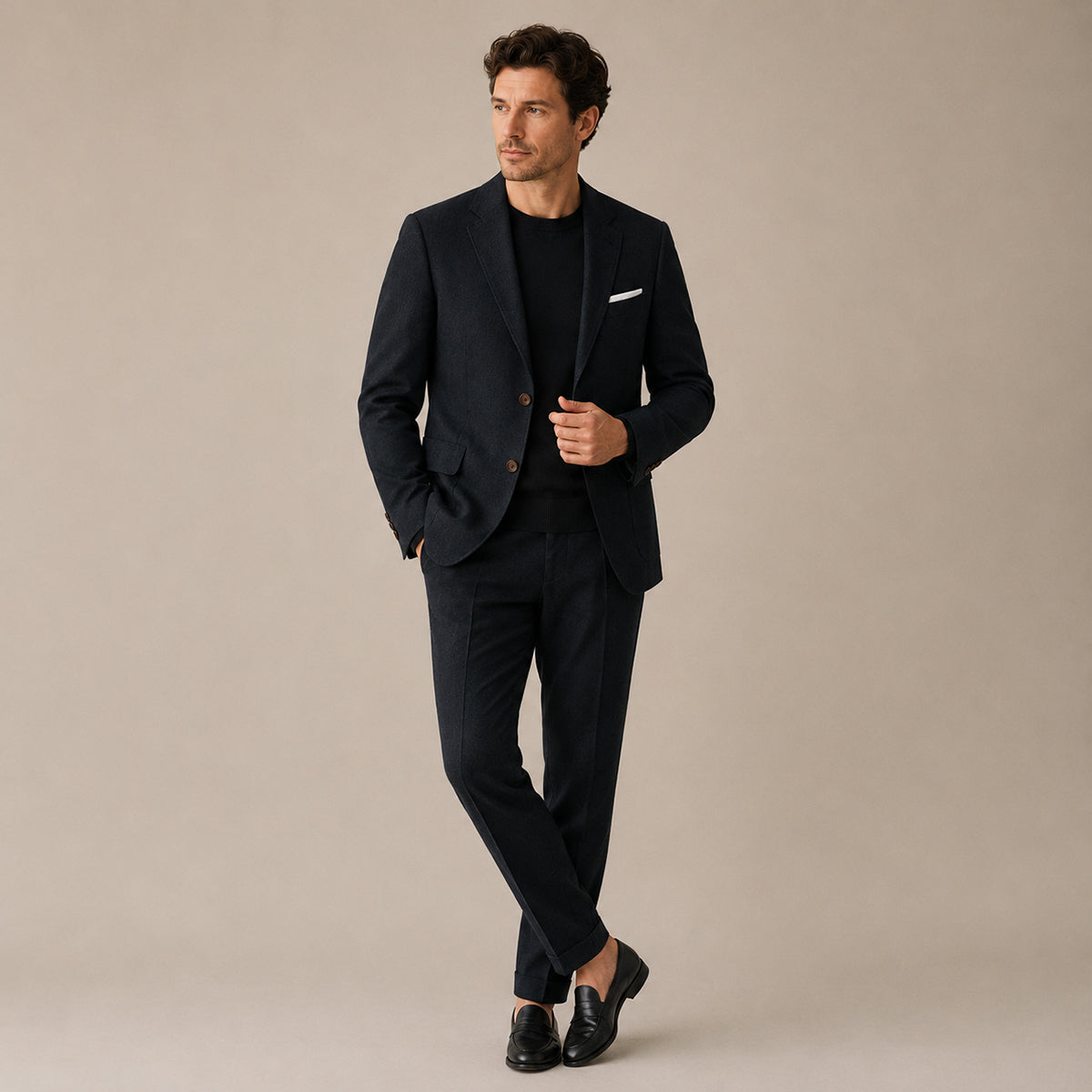 Men’s slim-fit two-piece black business suit with blazer and matching trousers